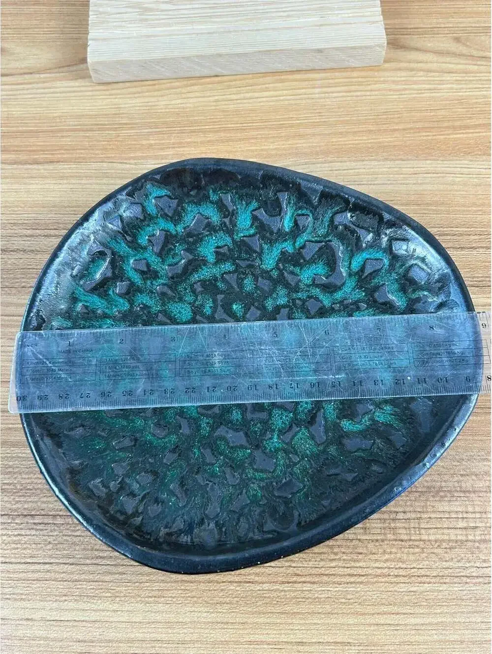 European Art Pottery Mid Century Modern Black Green Oblong Bowl Signed